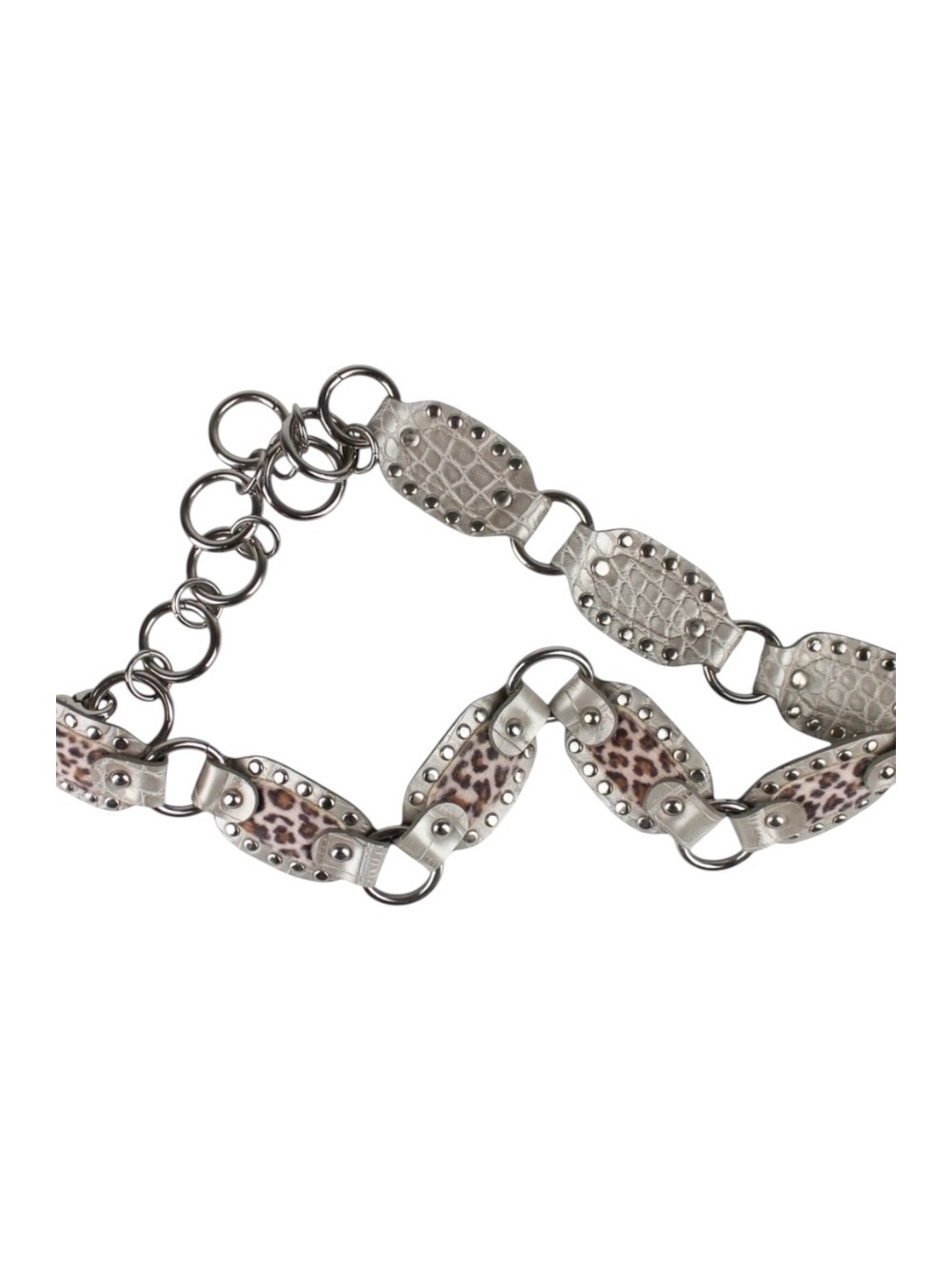 Kathy Van Zeland Studded Leopard Print Leather Chain‎ Link Waist Belt Silver OS